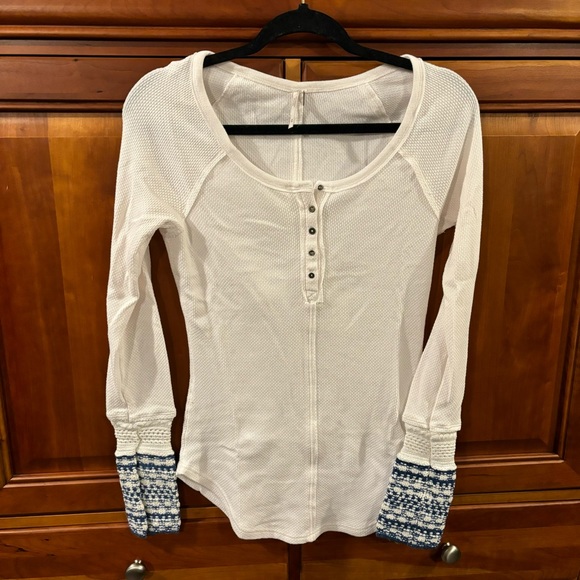 Free People White Henley with Knit Cuff Sleeves - Picture 1 of 3
